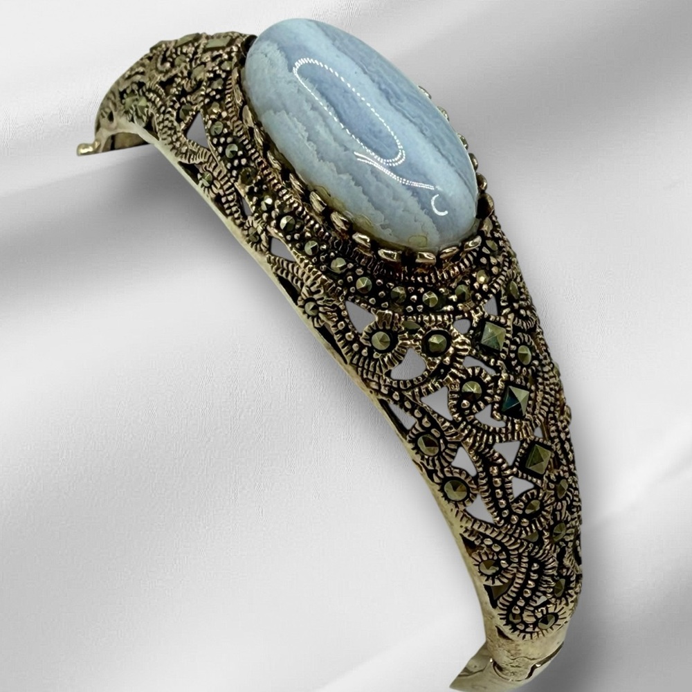 Vintage Sterling Silver Marcasite & Blue Lace Agate Hinged Bangle Bracelet 6.5-7 - Picture 7 of 17